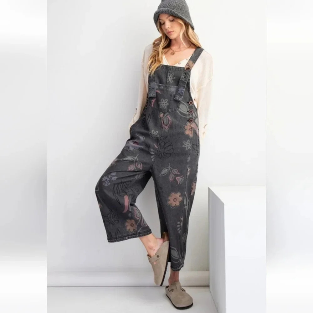 New! Easel Black Denim Washed Floral Overall Jumpsuit